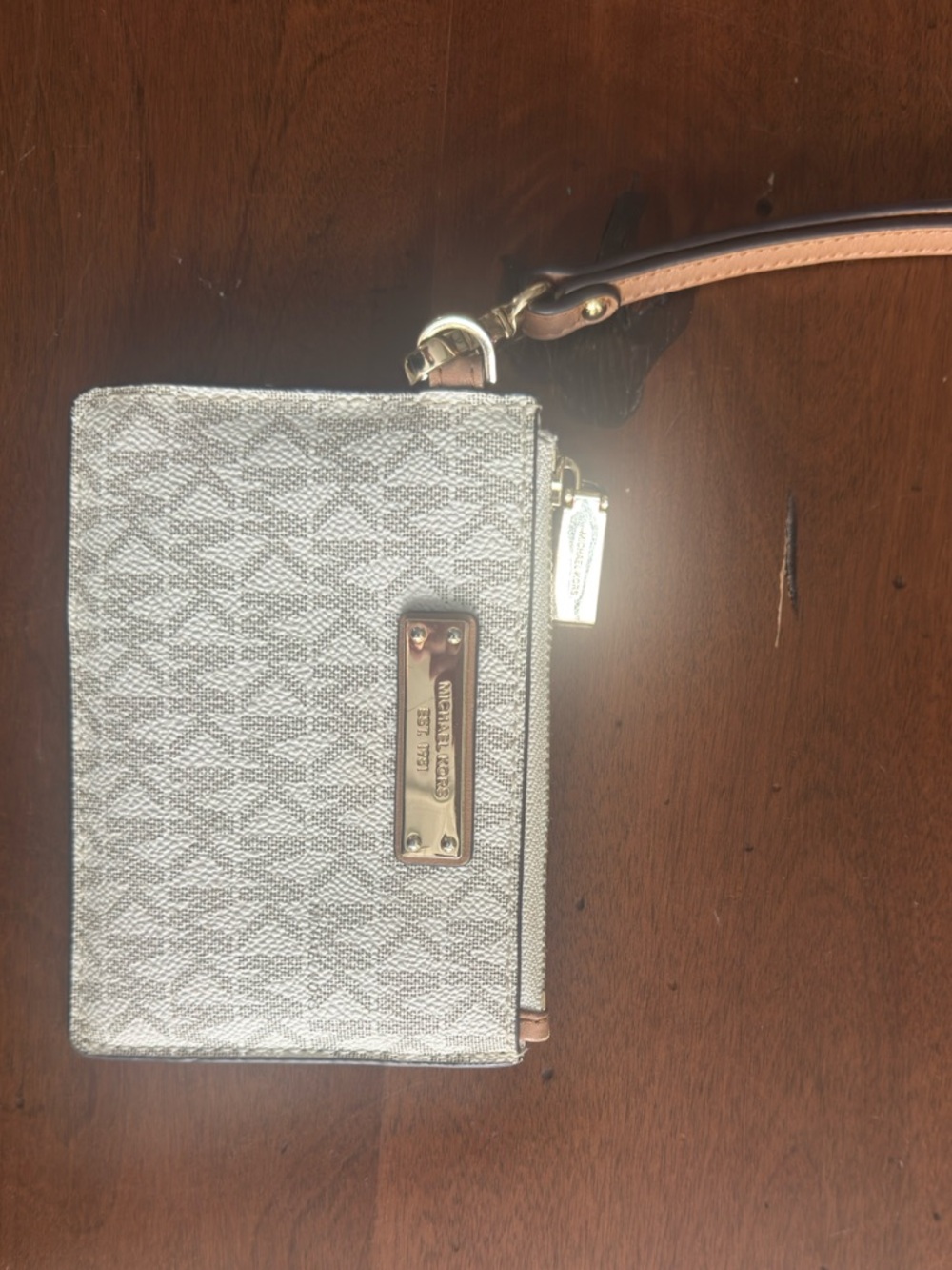 Michael Kors Metallic Silver & Tan Logo Wristlet